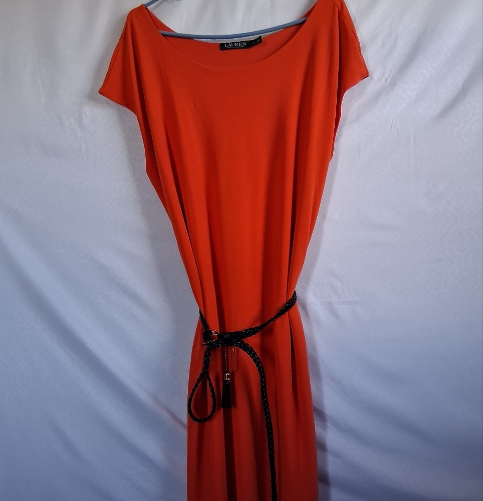 Lauren Ralph Lauren Orange Red Sheath Midi Dress Crew Neck